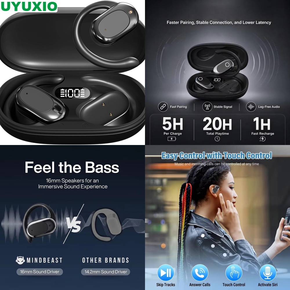 Bone Conduction Running Headphones - 오픈 이어 이어버드 및 BT 5.4