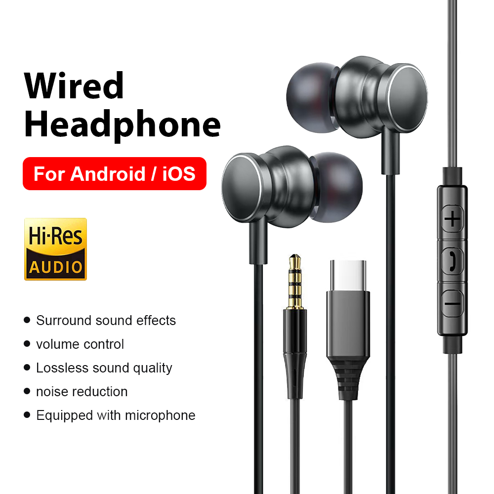 Type C Wired Earphones With Mic - 타입 C 유선 헤드폰 3.5mm 하이파이