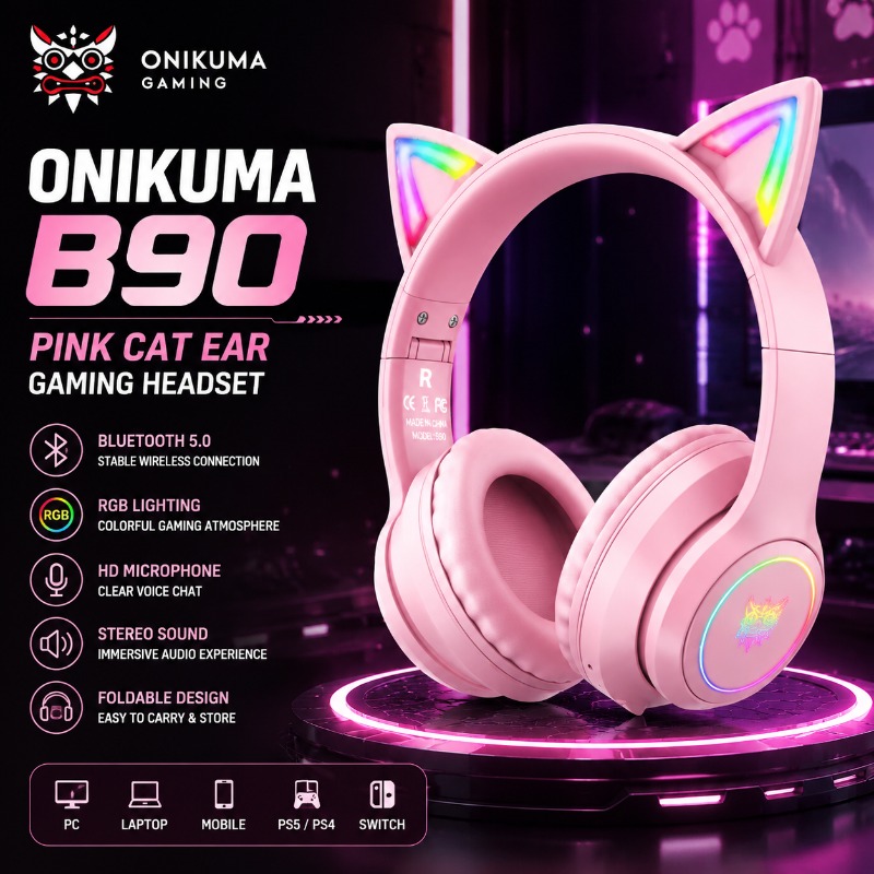 Onikuma B90 핑크 고양이 귀 게임용 헤드셋 R - Gaming Headset With Mic Rgb 리뷰 및 가격